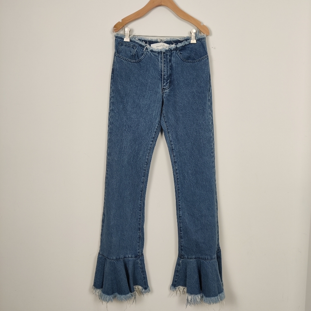 Marques Almeida Jeans Women's Waistless Flared Frayed Cropped Denim Pants Size 6